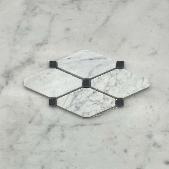 (Sample) Carrara White Marble Lozenge Long Octave Rhomboid Chipped Diamond Mosaic Tile w/ Nero Marquina Black Dots Honed