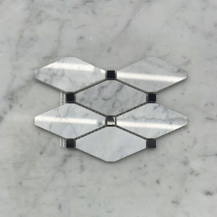(Sample) Carrara White Marble Lozenge Long Octave Rhomboid Chipped Diamond Mosaic Tile w/ Nero Marquina Black Dots Polished