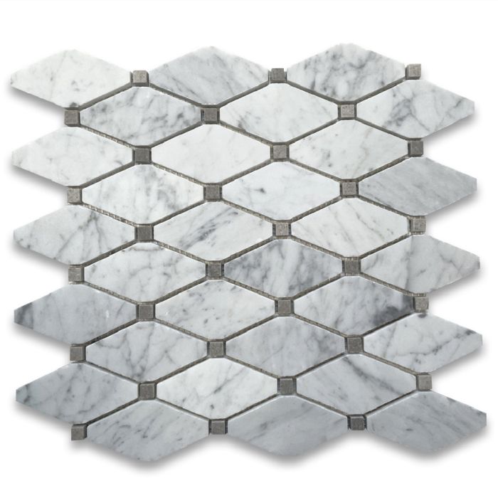 Carrara White Marble Lozenge Long Octave Rhomboid Chipped Diamond Mosaic Tile w/ Cinderella Gray Tan Dots Honed