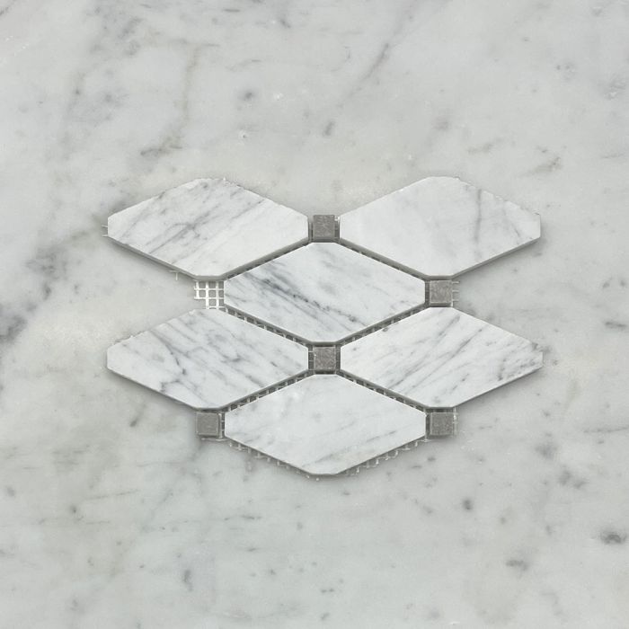 (Sample) Carrara White Marble Lozenge Long Octave Rhomboid Chipped Diamond Mosaic Tile w/ Cinderella Gray Tan Dots Honed