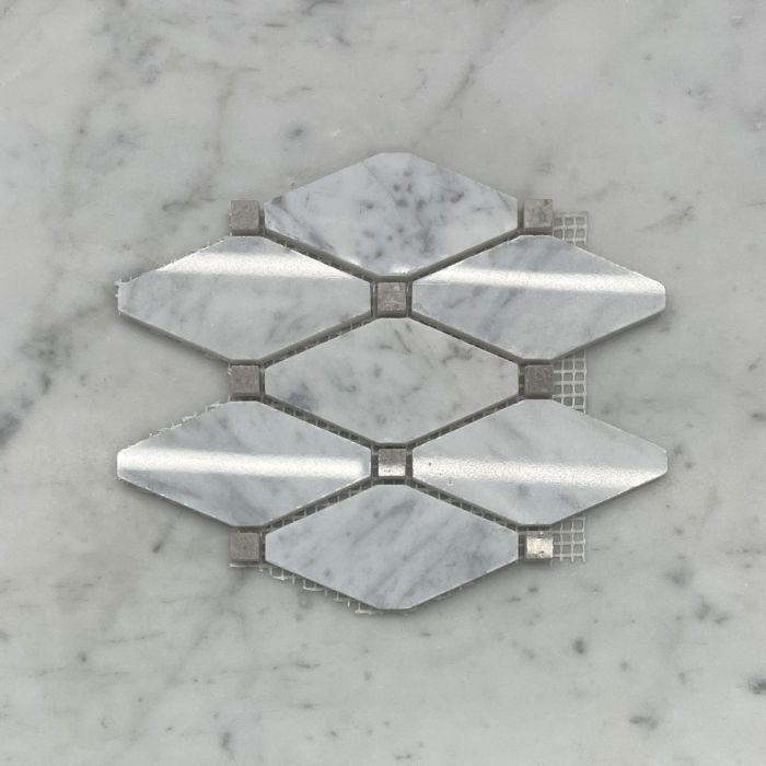 (Sample) Carrara White Marble Lozenge Long Octave Rhomboid Chipped Diamond Mosaic Tile w/ Cinderella Gray Tan Dots Polished