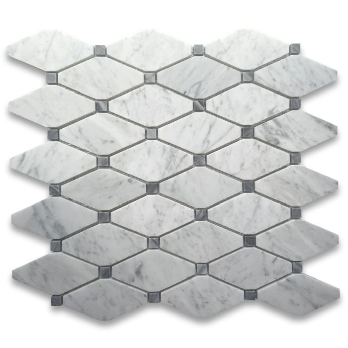 Carrara White Marble Lozenge Long Octave Rhomboid Chipped Diamond Mosaic Tile w/ Bardiglio Gray Dots Honed