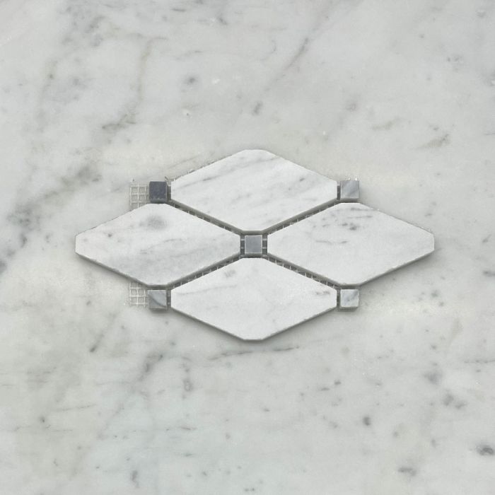 (Sample) Carrara White Marble Lozenge Long Octave Rhomboid Chipped Diamond Mosaic Tile w/ Bardiglio Gray Dots Honed
