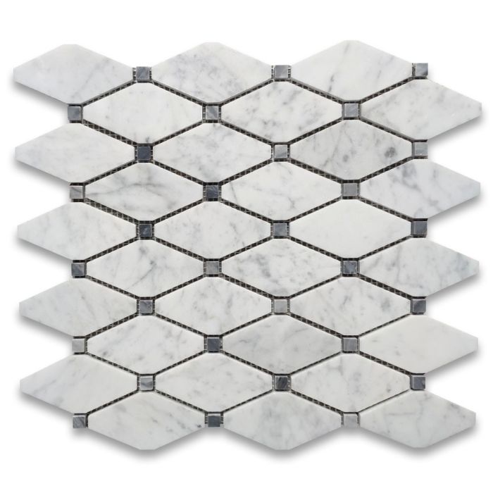 Carrara White Marble Lozenge Long Octave Rhomboid Chipped Diamond Mosaic Tile w/ Bardiglio Gray Dots Polished