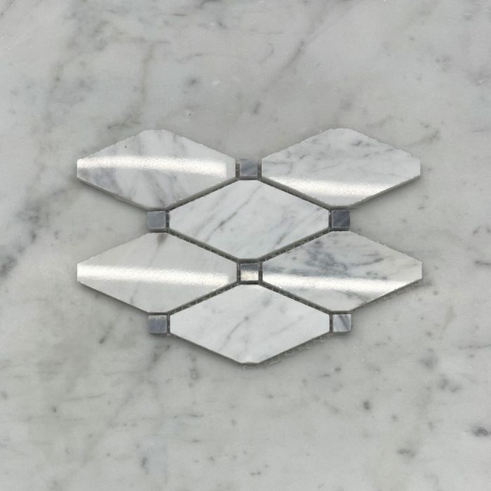 (Sample) Carrara White Marble Lozenge Long Octave Rhomboid Chipped Diamond Mosaic Tile w/ Bardiglio Gray Dots Polished