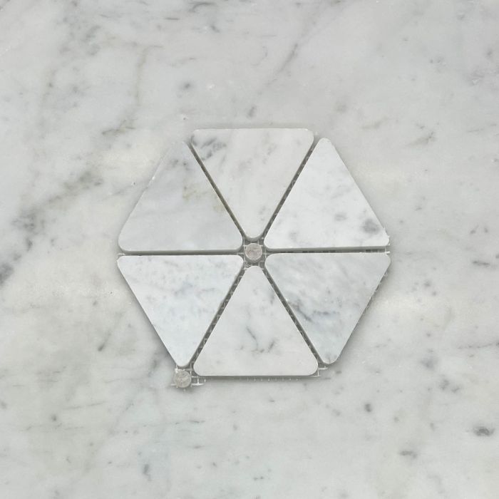 (Sample) Carrara White Marble 2-3/4 inch Triangle Mosaic Tile w/ Cinderella Gray Tan Round Dots Honed