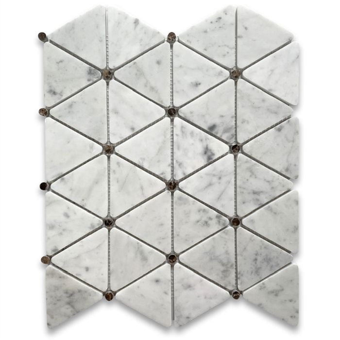Carrara White Marble 2-3/4 inch Triangle Mosaic Tile w/ Emperador Dark Brown Round Dots Polished