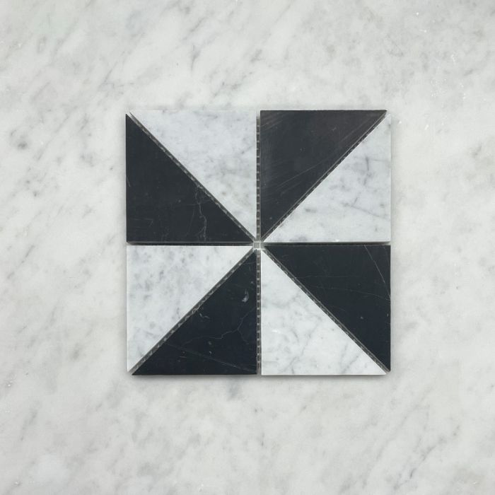 (Sample) Carrara White and Nero Marquina Black Marble 3x3x4 Windmill Triangle Mosaic Tile Honed