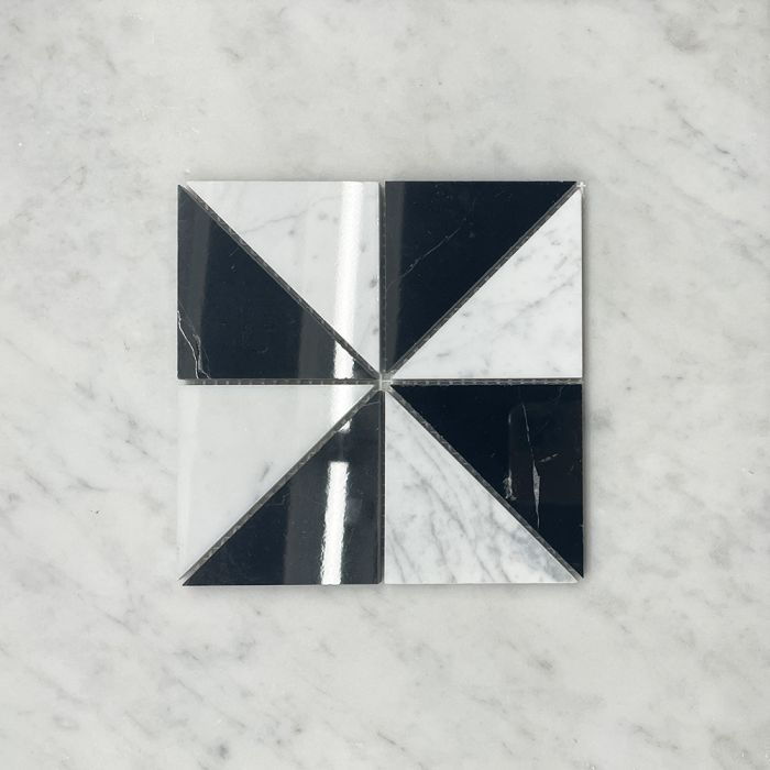(Sample) Carrara White and Nero Marquina Black Marble 3x3x4 Windmill Triangle Mosaic Tile Polished