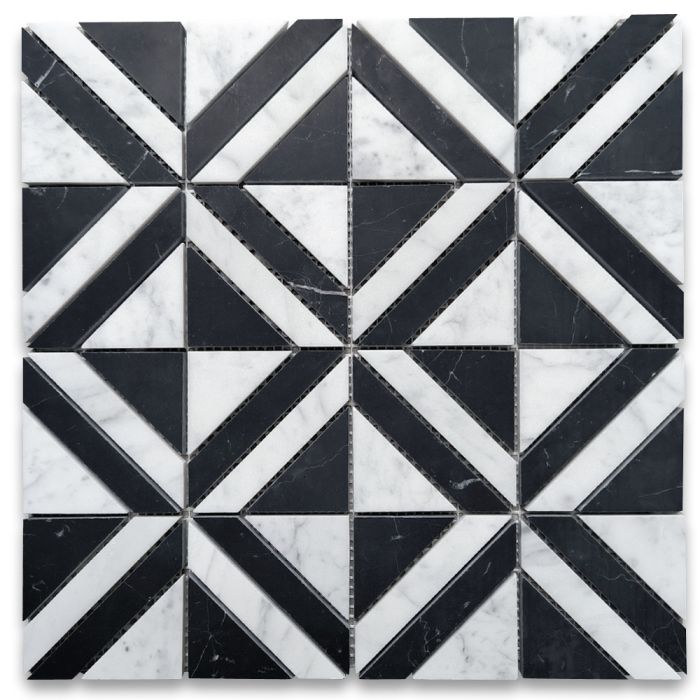 Carrara White Marble 3 inch Striped Square Maze Mosaic Tile w/ Nero Marquina Black Honed