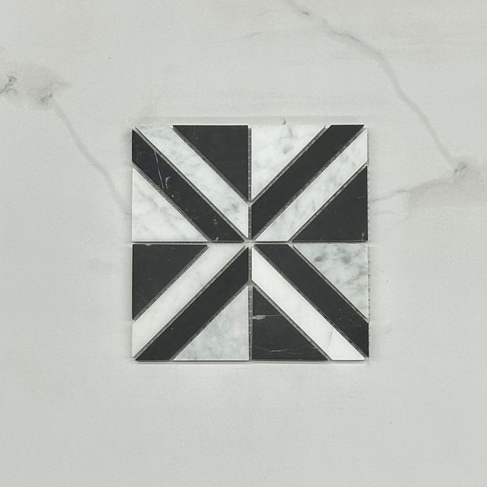 (Sample) Carrara White Marble 3 inch Striped Square Maze Mosaic Tile w/ Nero Marquina Black Honed