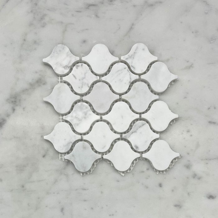 (Sample) Carrara White Marble Mini Arabesque Baroque Lantern Mosaic Tile Honed