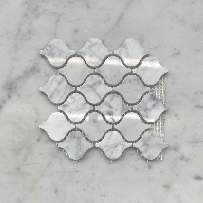 (Sample) Carrara White Marble Mini Arabesque Baroque Lantern Mosaic Tile Polished