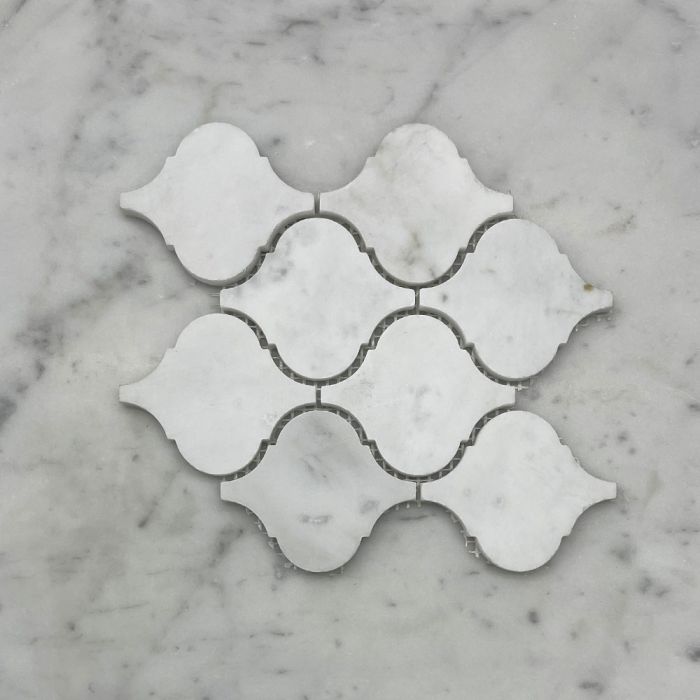 (Sample) Carrara White Marble Medium Arabesque Baroque Lantern Mosaic Tile Honed