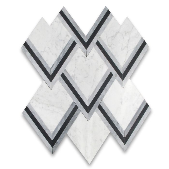Carrara White Marble Mountain Peaks Bardiglio Gray and Nero Marquina Black Arrowhead Mosaic Tile Honed