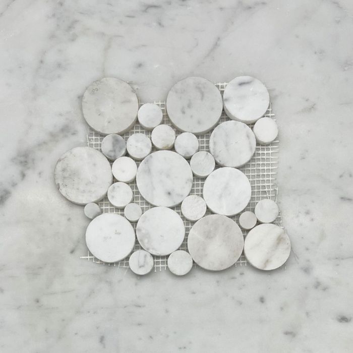 (Sample) Carrara White Marble Bubble Round Paramount Mosaic Tile Honed