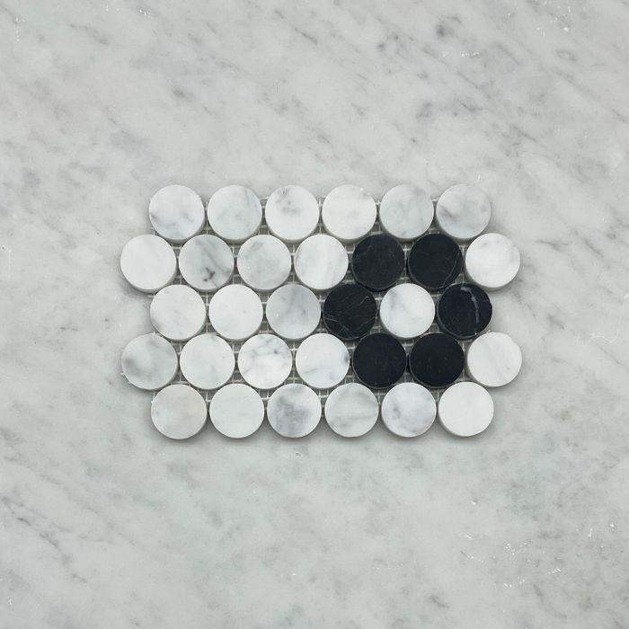 (Sample) Carrara White Marble 1 inch Penny Round Rosette Mosaic Tile w/ Nero Marquina Black Honed