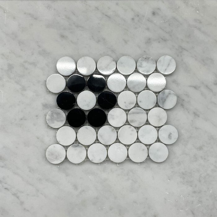 (Sample) Carrara White Marble 1 inch Penny Round Rosette Mosaic Tile w/ Nero Marquina Black Polished