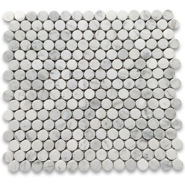 Carrara Marble Tile Italian White Carrera 3/4 inch Penny Round Mosaic  Polished - Stone Center Online