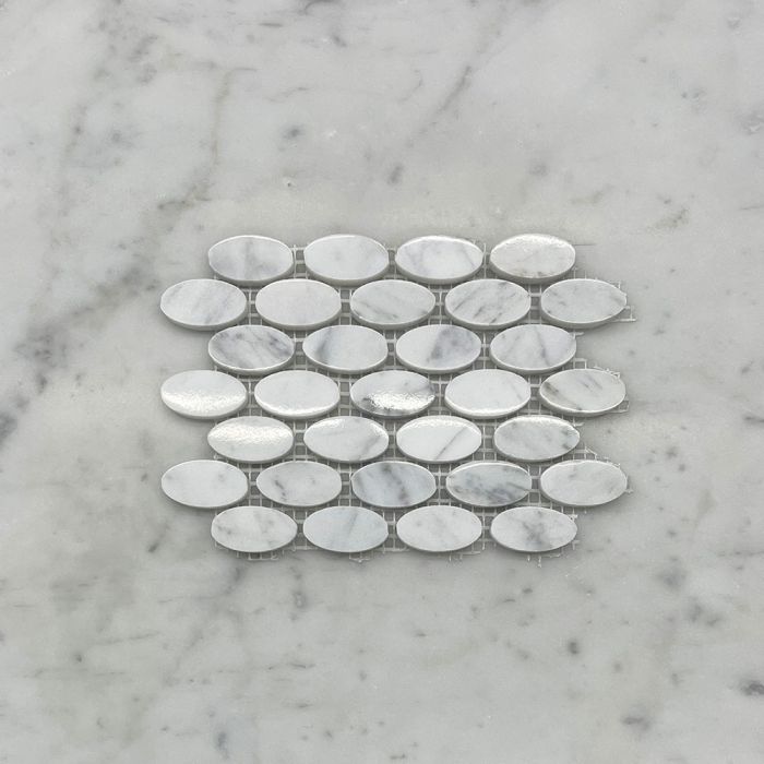 (Sample) Carrara White Marble 1-1/4x5/8 Oval Ellipse Mosaic Tile Polished
