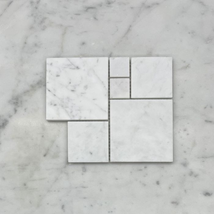 (Sample) Carrara White Marble Mini Versailles French Paragon Mosaic Tile Honed