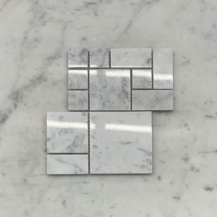 (Sample) Carrara White Marble Mini Versailles French Paragon Mosaic Tile Polished