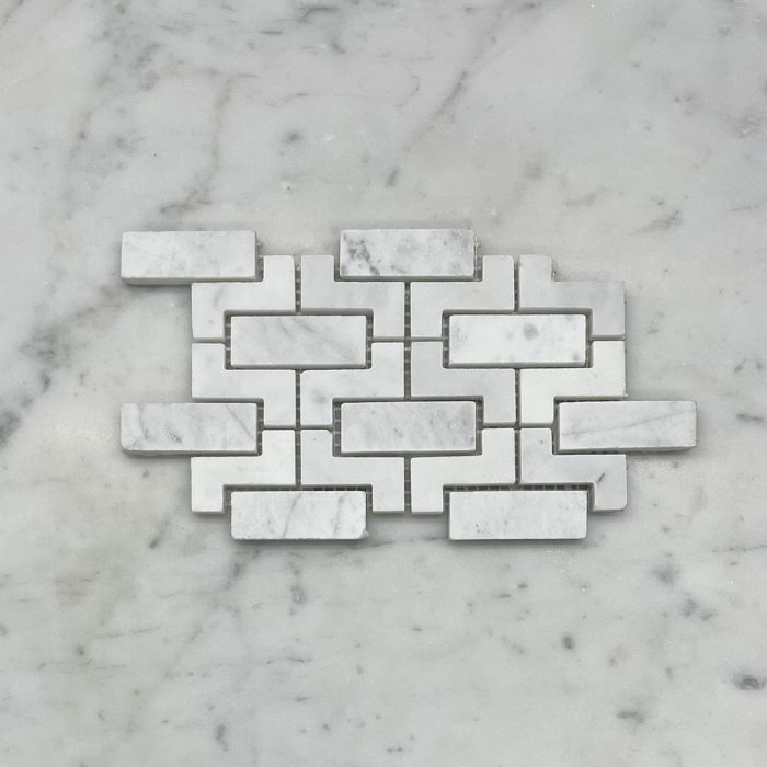 (Sample) Carrara White Marble Fretwork Interlock Mosaic Tile Honed