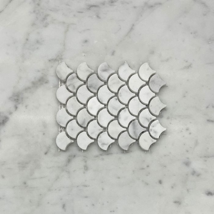 (Sample) Carrara White Marble Mini Fish Scale Fan Shape Mosaic Tile Honed