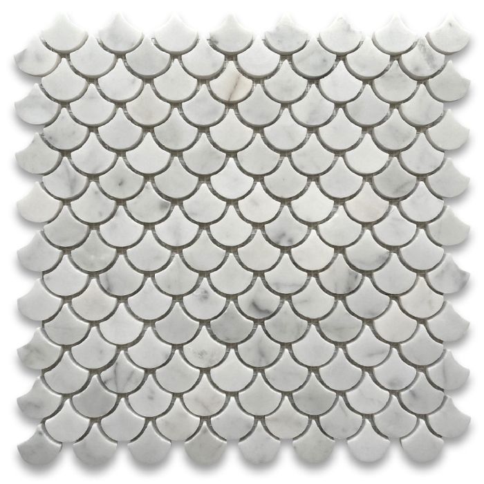 Carrara White Marble Medium Fish Scale Fan Shape Mosaic Tile Honed
