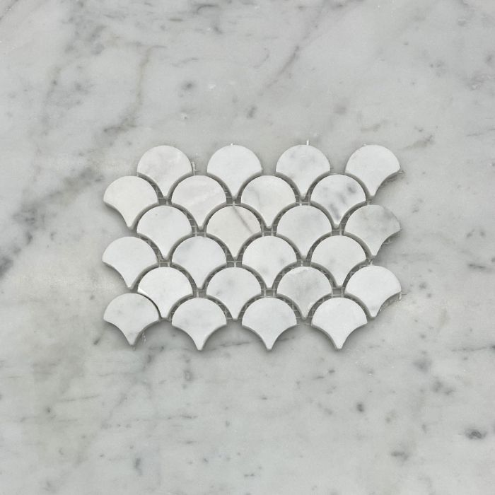 (Sample) Carrara White Marble Medium Fish Scale Fan Shape Mosaic Tile Honed