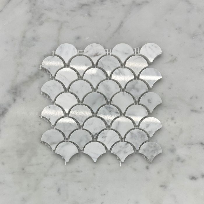 (Sample) Carrara White Marble Medium Fish Scale Fan Shape Mosaic Tile Polished