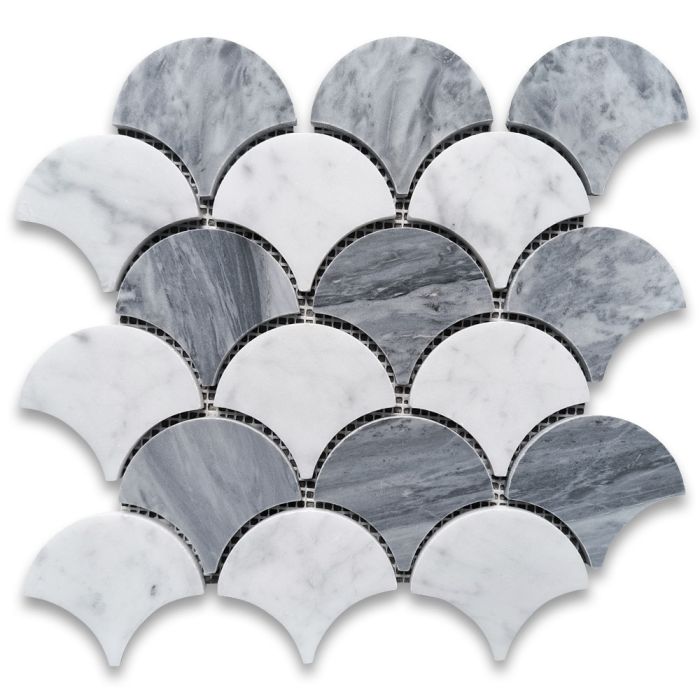 Carrara White Bardiglio Gray Marble Grand Fish Scale Fan Shape Mosaic Tile Honed