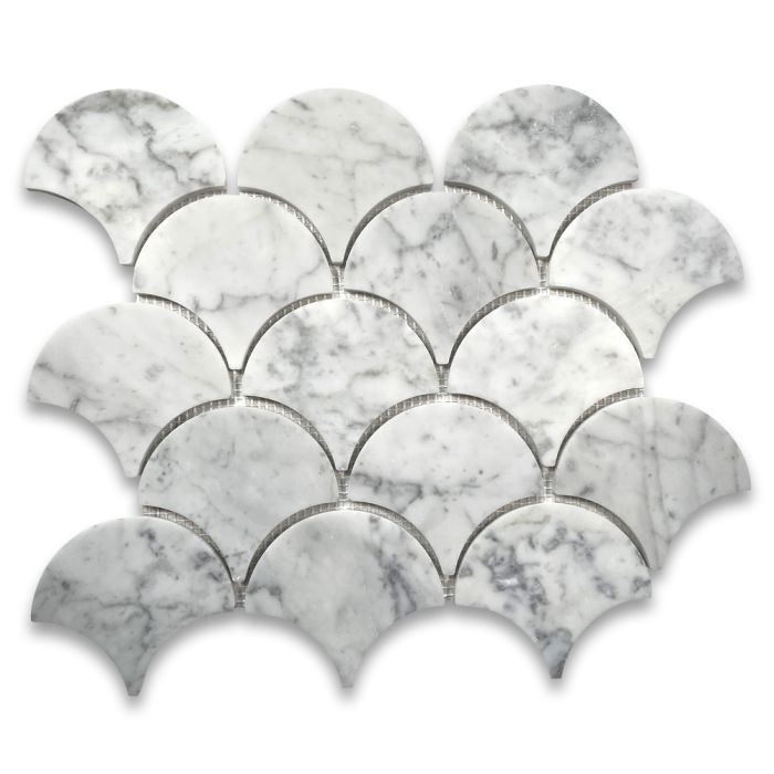 Carrara White Marble Large Fish Scale Fan Shape Mosaic Tile Honed