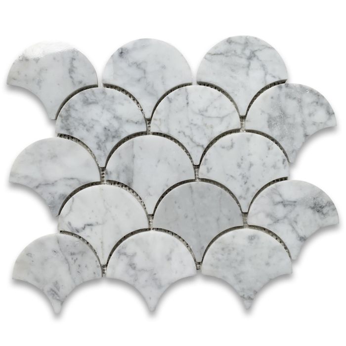 Carrara White Marble Large Fish Scale Fan Shape Mosaic Tile Polished