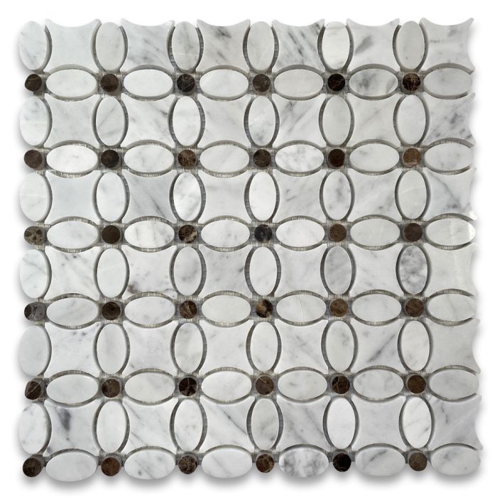 Carrara White Marble Flower Pattern Mosaic Tile w/ Emperador Dark Brown Dots Polished
