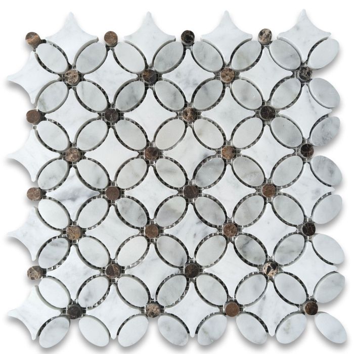 Carrara White Marble Chateau Flower Mosaic Tile w/ Emperador Dark Brown Dots Honed