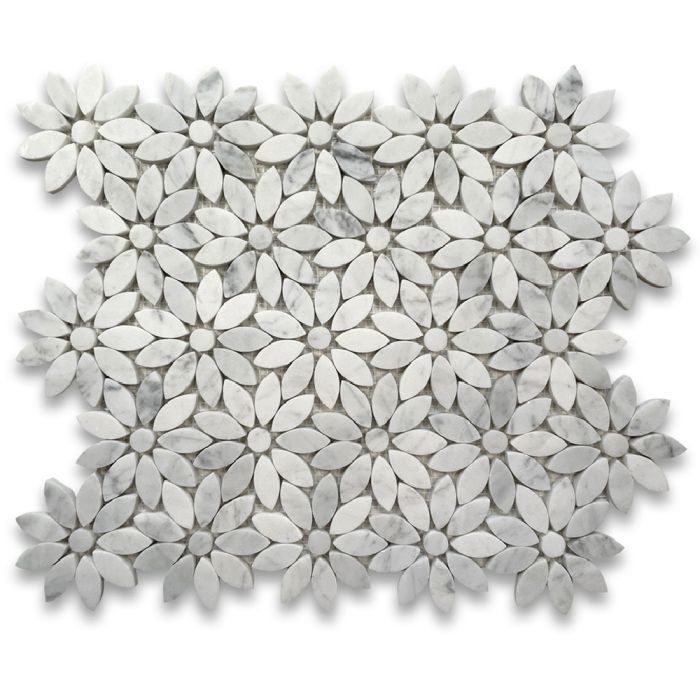 Carrara White Marble Daisy Flower Pattern Mosaic Tile Honed