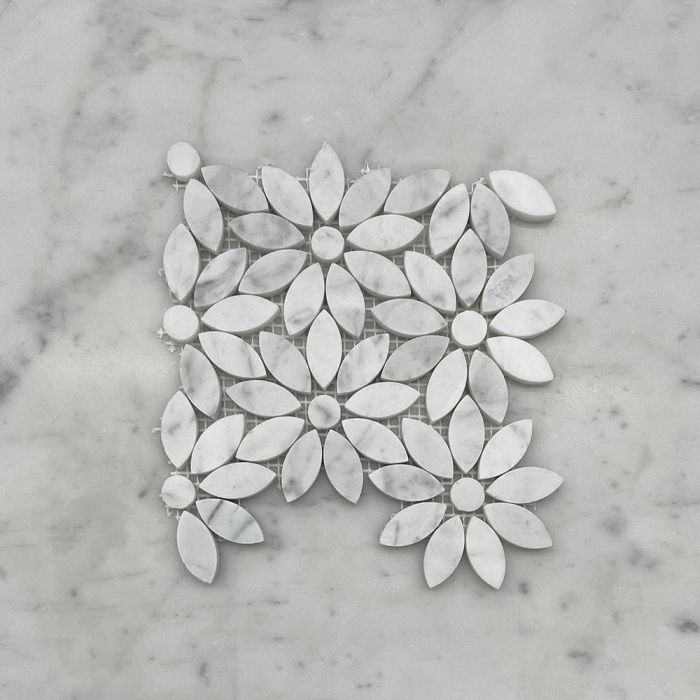 (Sample) Carrara White Marble Daisy Flower Pattern Mosaic Tile Honed