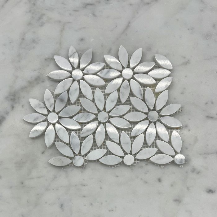 (Sample) Carrara White Marble Daisy Flower Pattern Mosaic Tile Polished