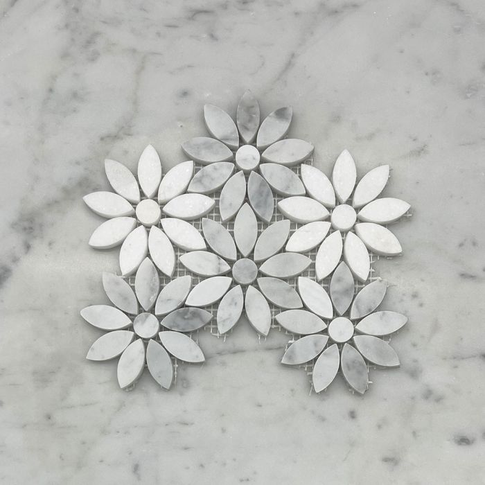 (Sample) Carrara White Marble Mix Thassos Marble Daisy Flower Mosaic Tile Honed