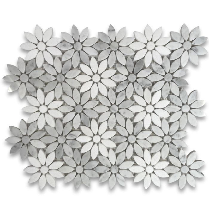 Carrara White Marble Mix Thassos Marble Daisy Flower Mosaic Tile Polished