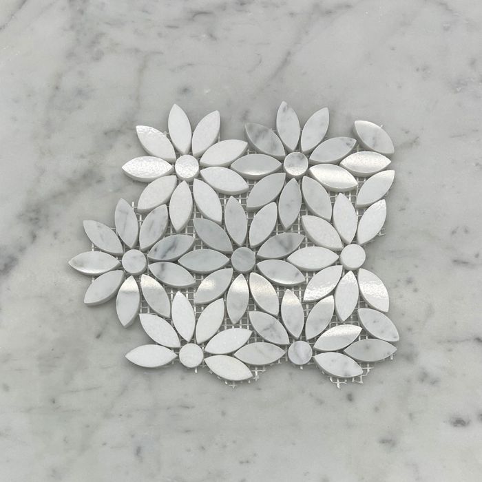 (Sample) Carrara White Marble Mix Thassos Marble Daisy Flower Mosaic Tile Polished