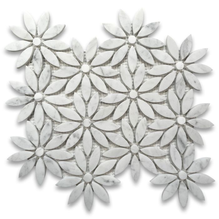 Carrara White Marble Daisy Field Flower Waterjet Mosaic Tile Honed