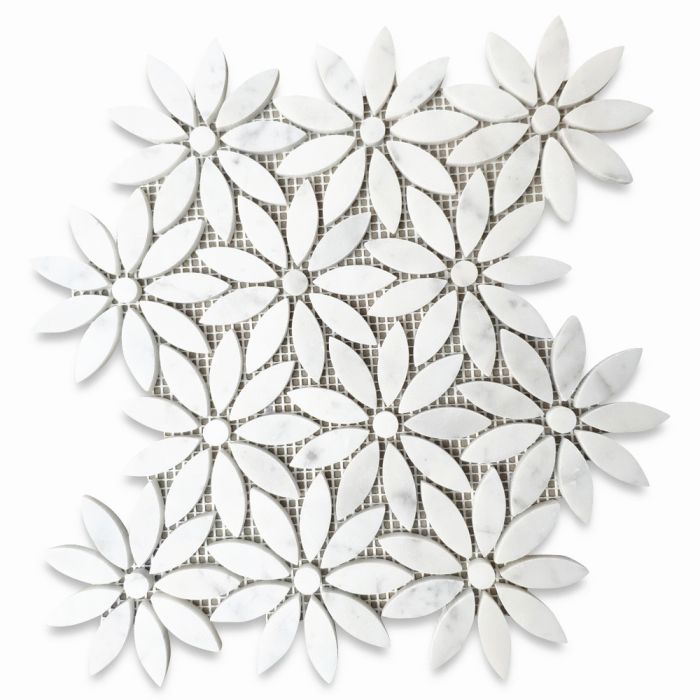 Carrara White Marble Daisy Field Flower Waterjet Mosaic Tile Polished