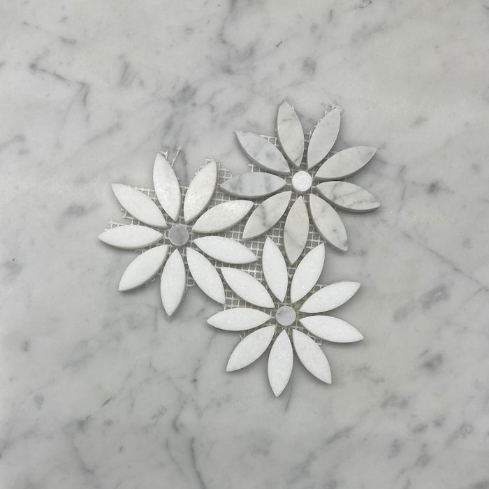 (Sample) Carrara White Thassos White Marble Daisy Field Flower Waterjet Mosaic Tile Honed
