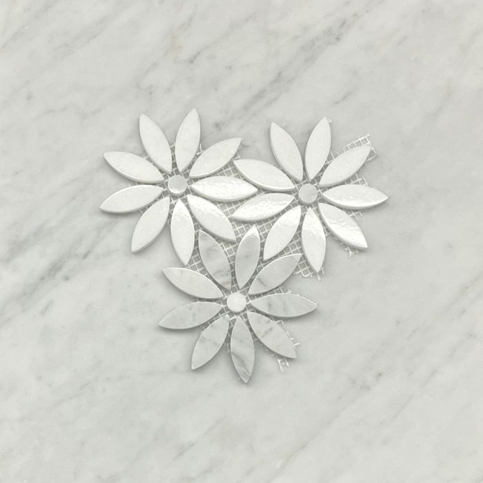 (Sample) Carrara White Thassos White Marble Daisy Field Flower Waterjet Mosaic Tile Polished