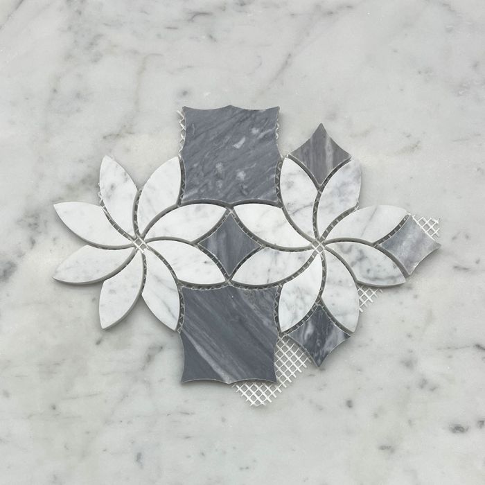 (Sample) Carrara White Marble Ice Flower Blossom Waterjet Mosaic Tile w/ Bardiglio Gray Honed