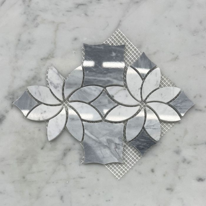 (Sample) Carrara White Marble Ice Flower Blossom Waterjet Mosaic Tile w/ Bardiglio Gray Polished