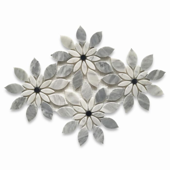 Carrara White Marble Wildflower Rain Flower Waterjet Mosaic Tile w/ Bardiglio Gray Nero Marquina Black Honed