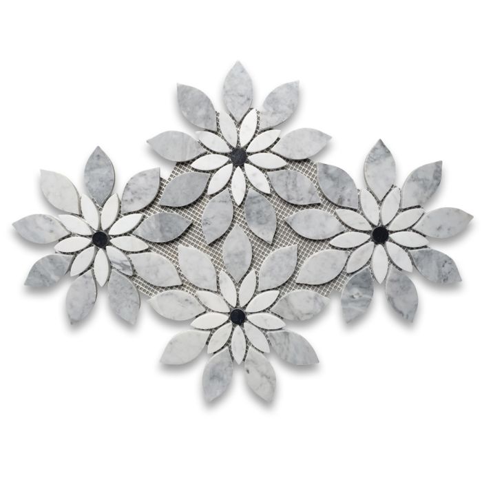 Carrara White Marble Wildflower Rain Flower Waterjet Mosaic Tile w/ Bardiglio Gray Nero Marquina Black Polished